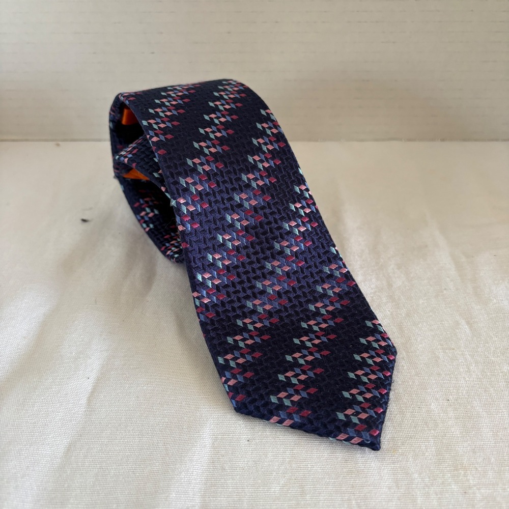 Tallia Mens‎ Navy Blue Geometric Diamond Silk Necktie 3 Inch Width 121148